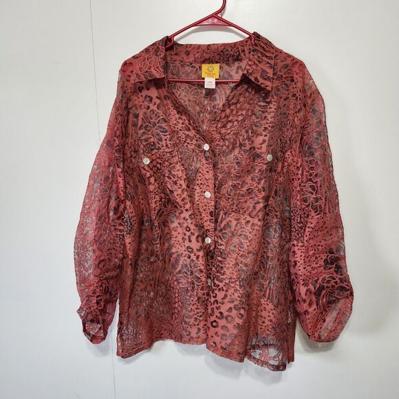 Tops - Ruby Rd Animal Print Button Down Blouse Coral Pink Long Sleeve Women’s 24W
